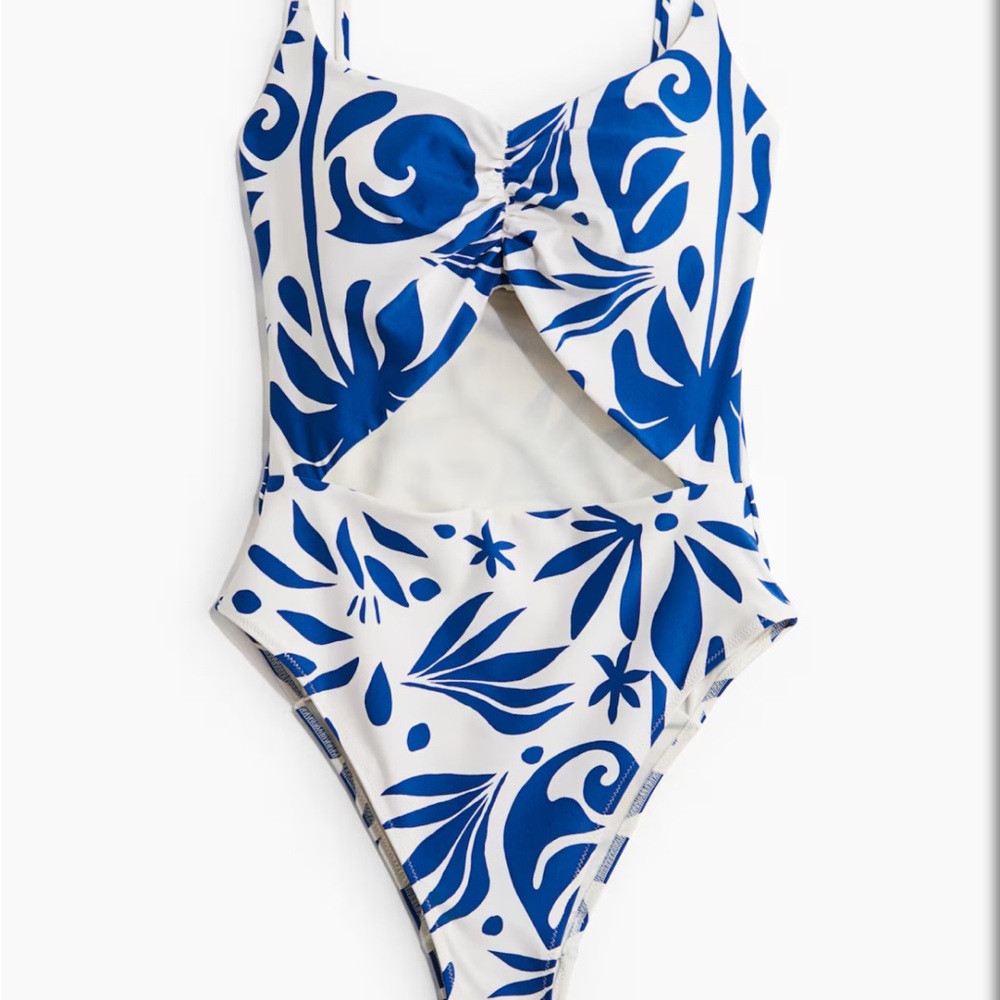 H&M Blue and White One-Piece Swimsuit Padded Cup High Leg Cut-Out Bathing Suit